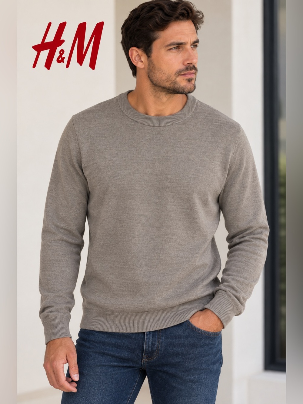 H&M Slim Fit Crewneck Sweater Beige Tan Knit Men's L